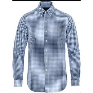 POLO RALPH LAUREN XL Blue Gingham Check Oxford 100% Cotton Stretch Classic